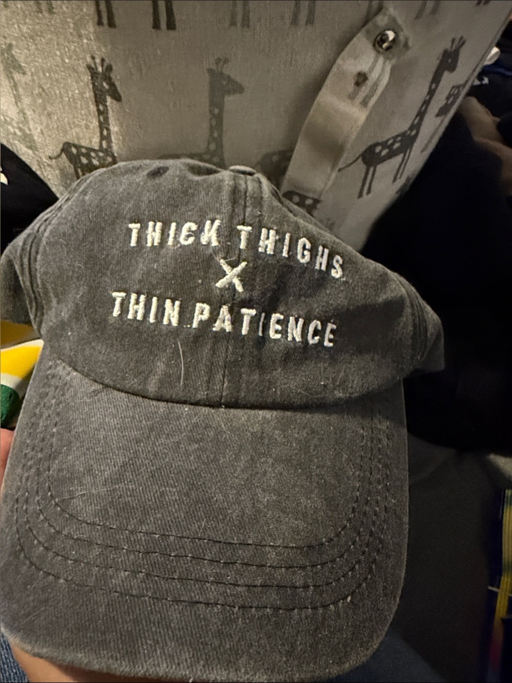 Black Dad Hat with White Embroidered Text "Thick Thighs x Thin Patience"